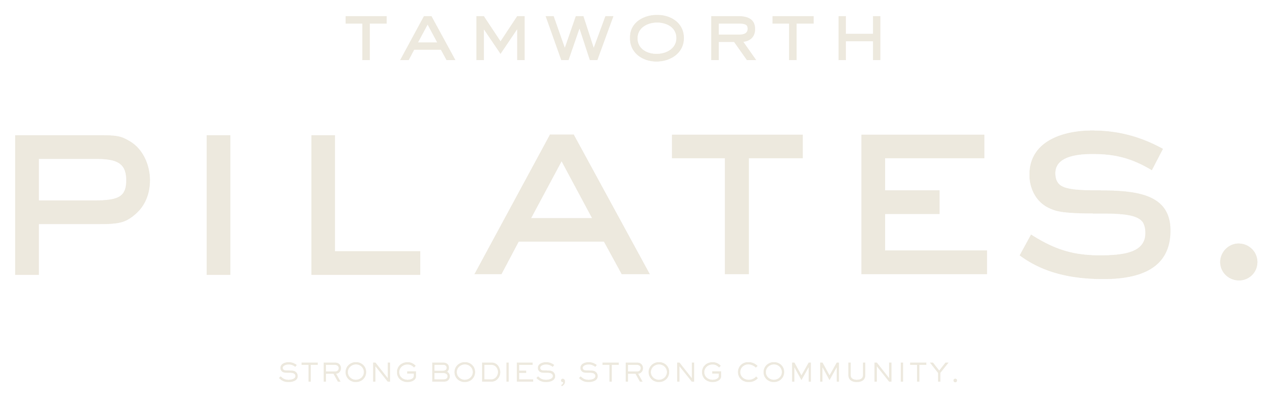 Logo for Tamworth PIlATES with the tagline "Strong Bodies, Strong Community" on a black background.