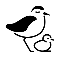 Black outline illustration of a large bird beside a smaller chick