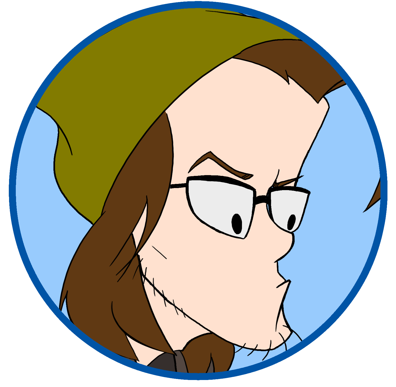 Close-up digital illustration of a person with brown hair, glasses, a green beanie, and a beard, against a light blue background.
