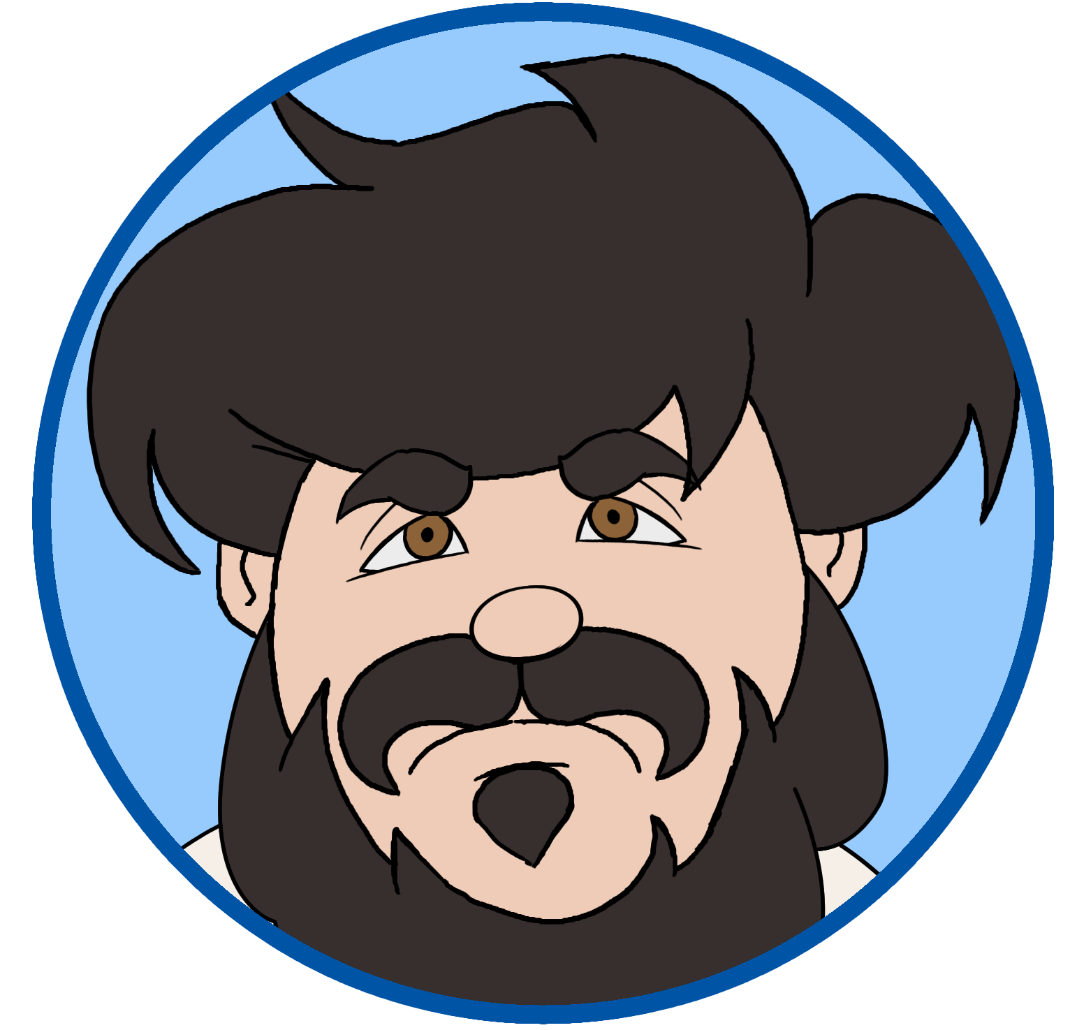 Cartoon illustration of a bearded man with brown hair and eyes, wearing a light-colored shirt, within a blue circle with a light blue background.