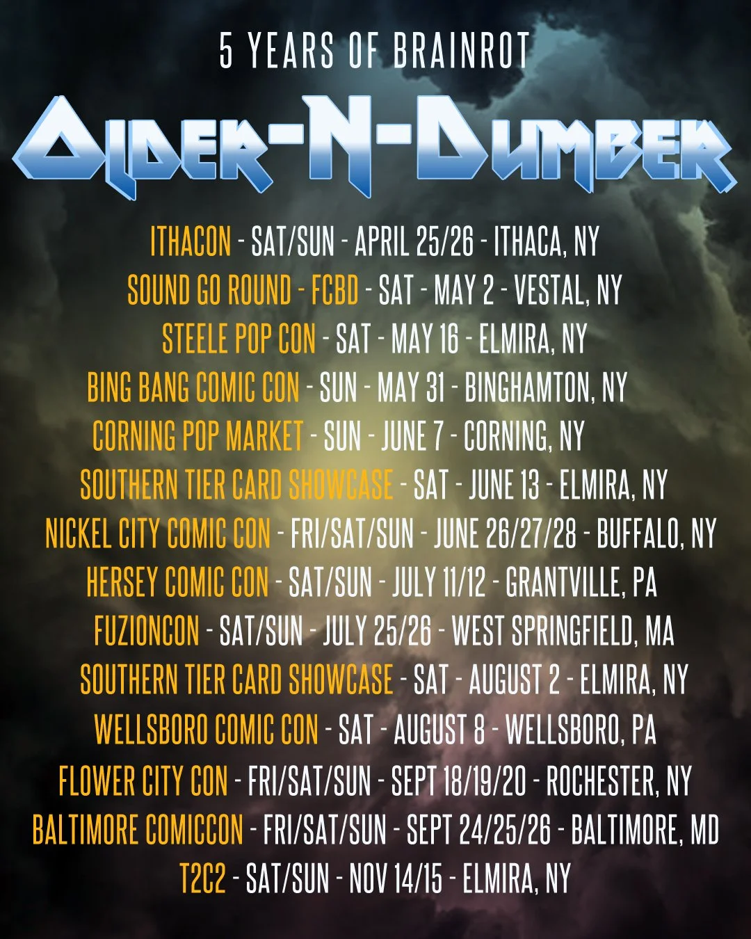 OlderNDumber Show List for 2026