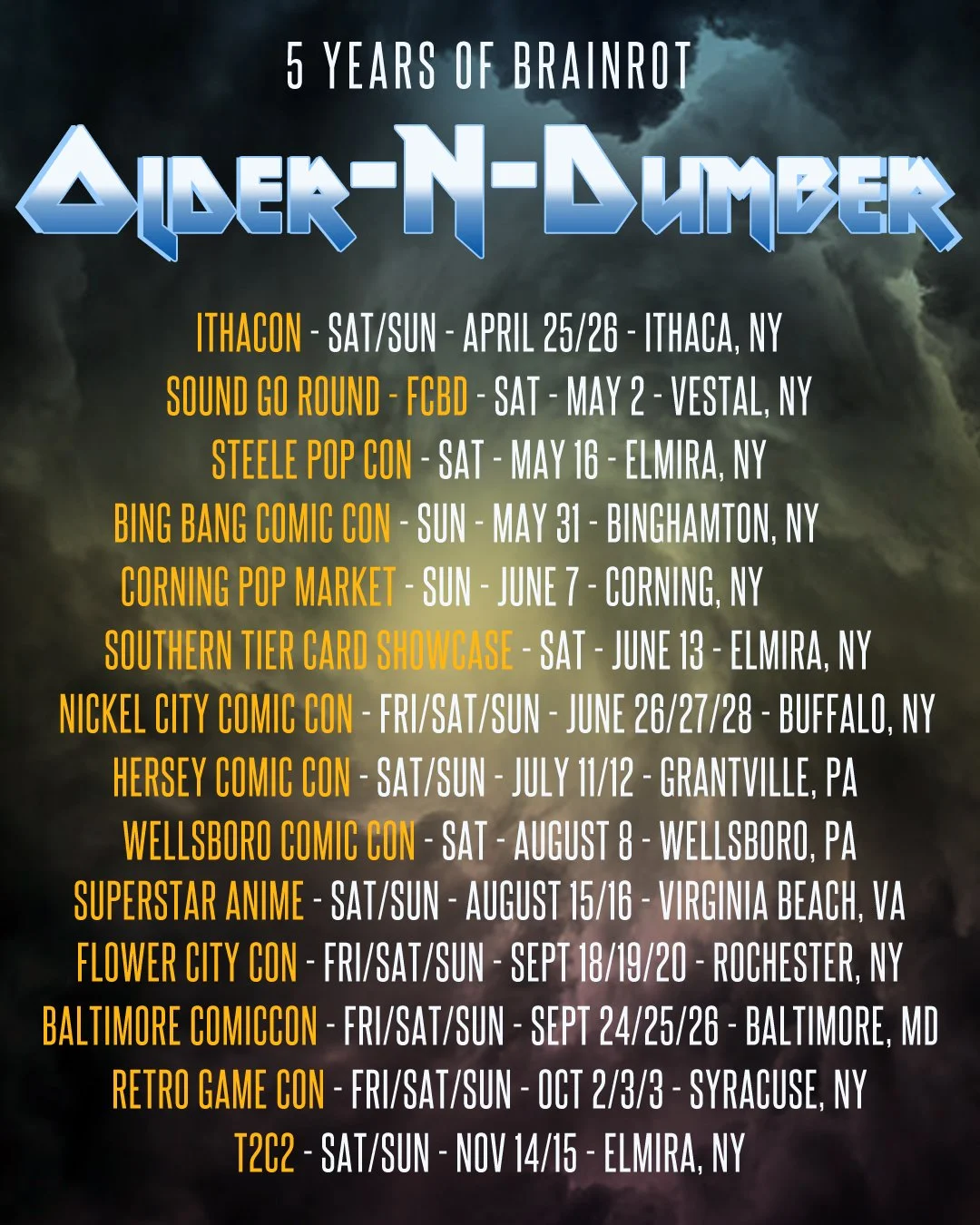 Event schedule poster celebrating 5 years of Brainrot featuring various conventions and festivals from April to November in New York, Pennsylvania, Maryland, and Virginia.