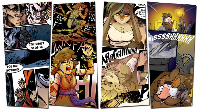 A comic strip with multiple characters showing a dramatic scene with shouting and action, including a character with glasses, a character tied up, and others in various intense moments.