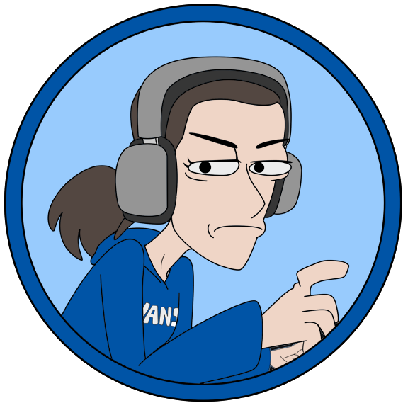 Cartoon woman with a stern expression, wearing a hoodie and large headphones, pointing with her finger.