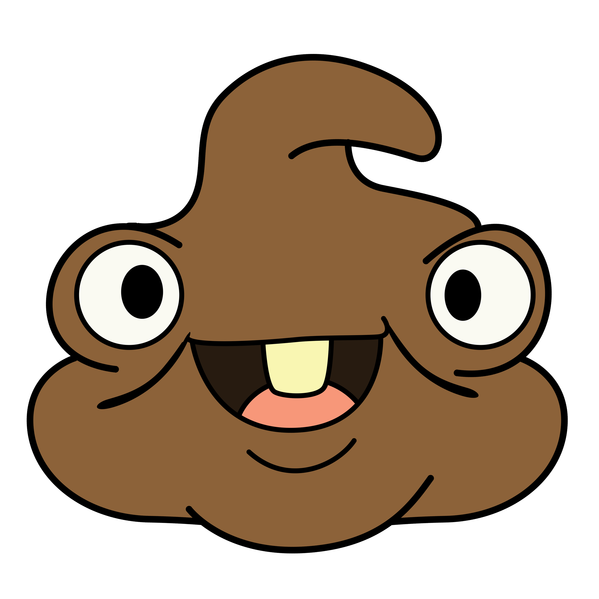 A cartoon illustration of a smiling, surprised poop with large, round eyes and a piece of corn for teeth.