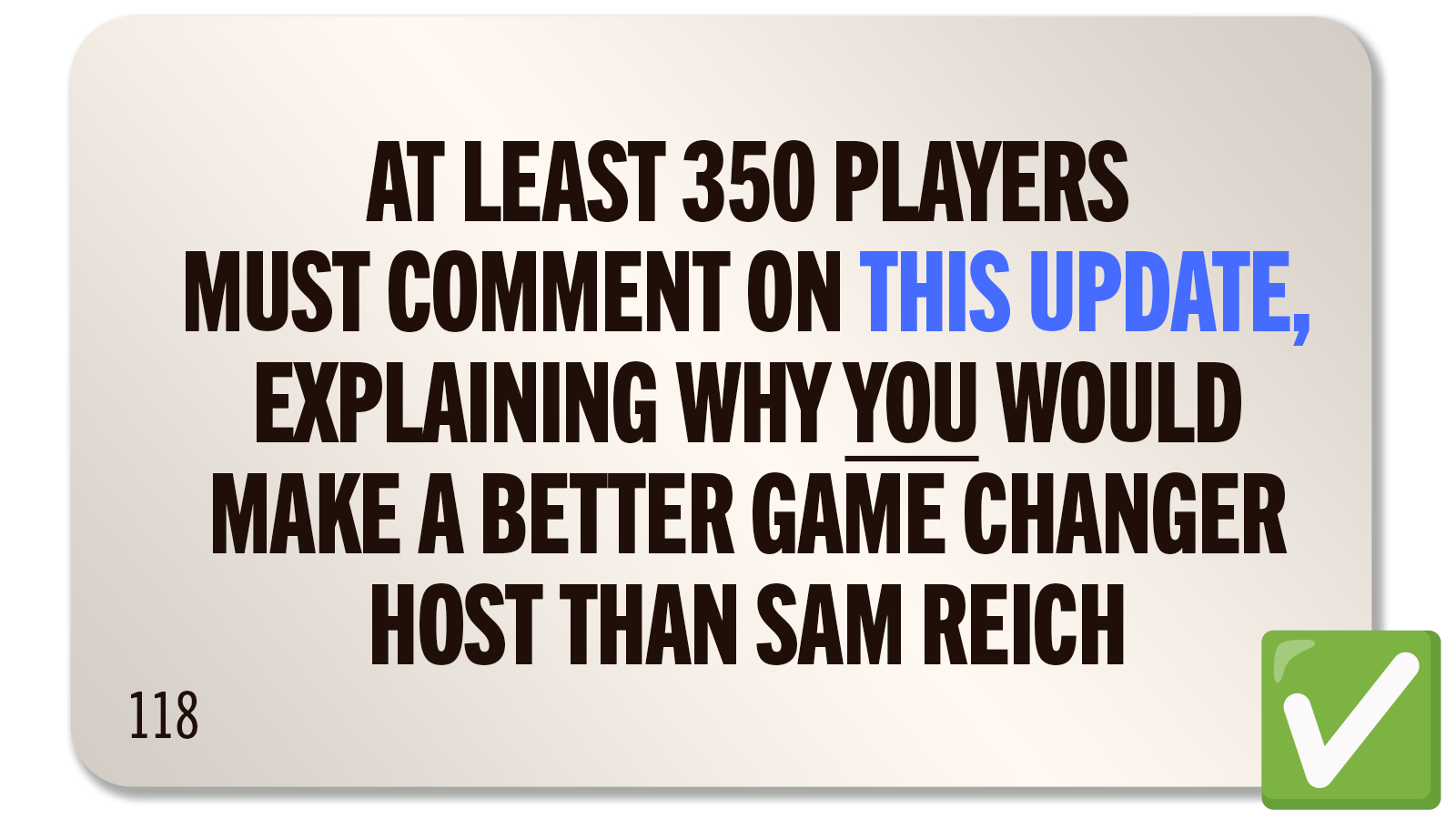 CHALLENGE 118: SAM YOU AM