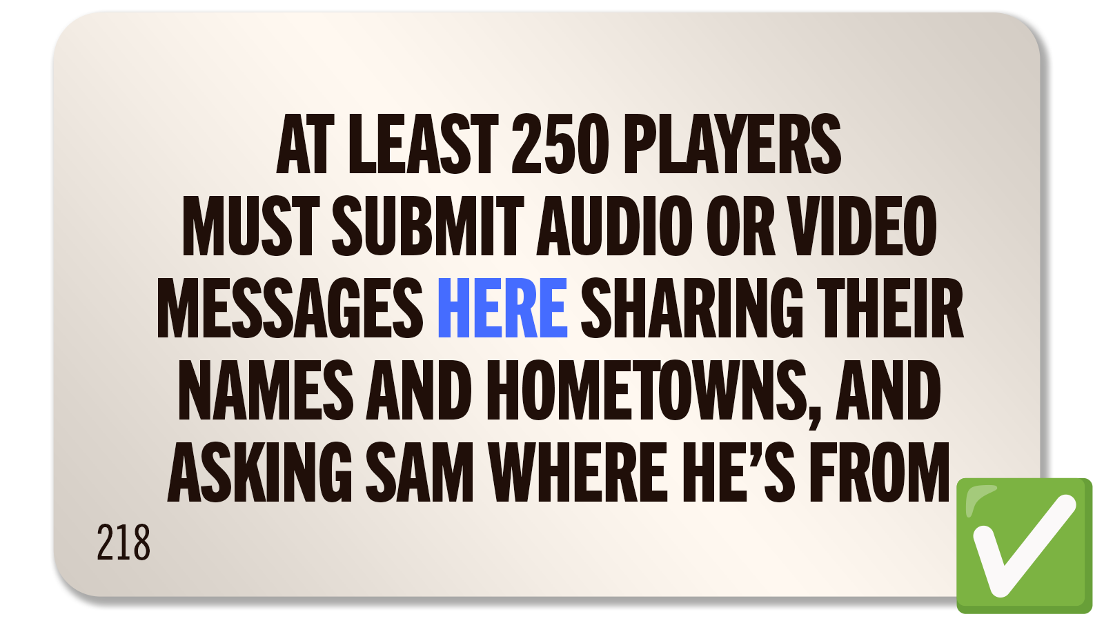 CHALLENGE 218: GETTING EVEN WITH SAM