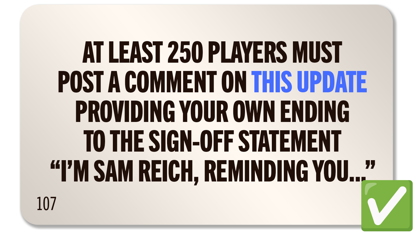 CHALLENGE 107: SAM SIGN-OFFS