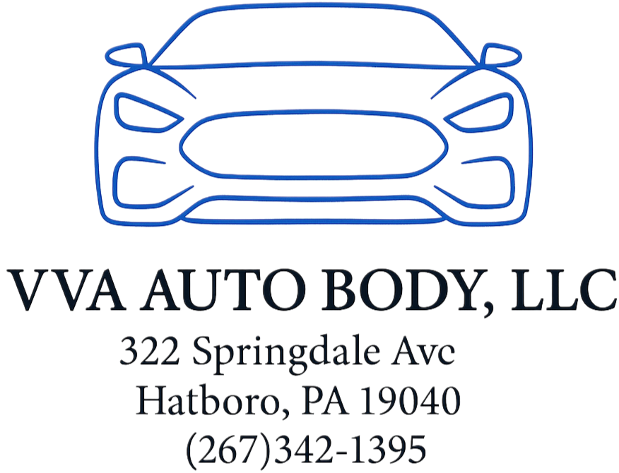 Outline drawing of a car's front view above text with business name and address in Hatboro, Pennsylvania.