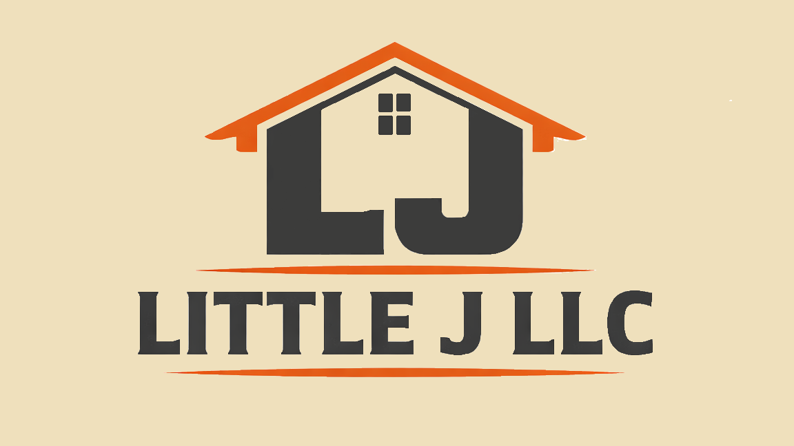 Logo for Little J LLC featuring a stylized house with an orange roof and black walls, and the company name in bold black letters.