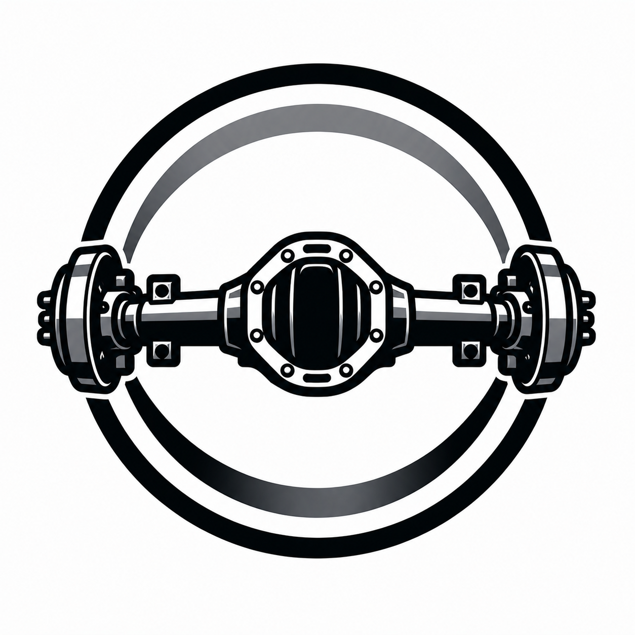 Black and white illustration of a car differential and axle assembly with a stylized circular background.