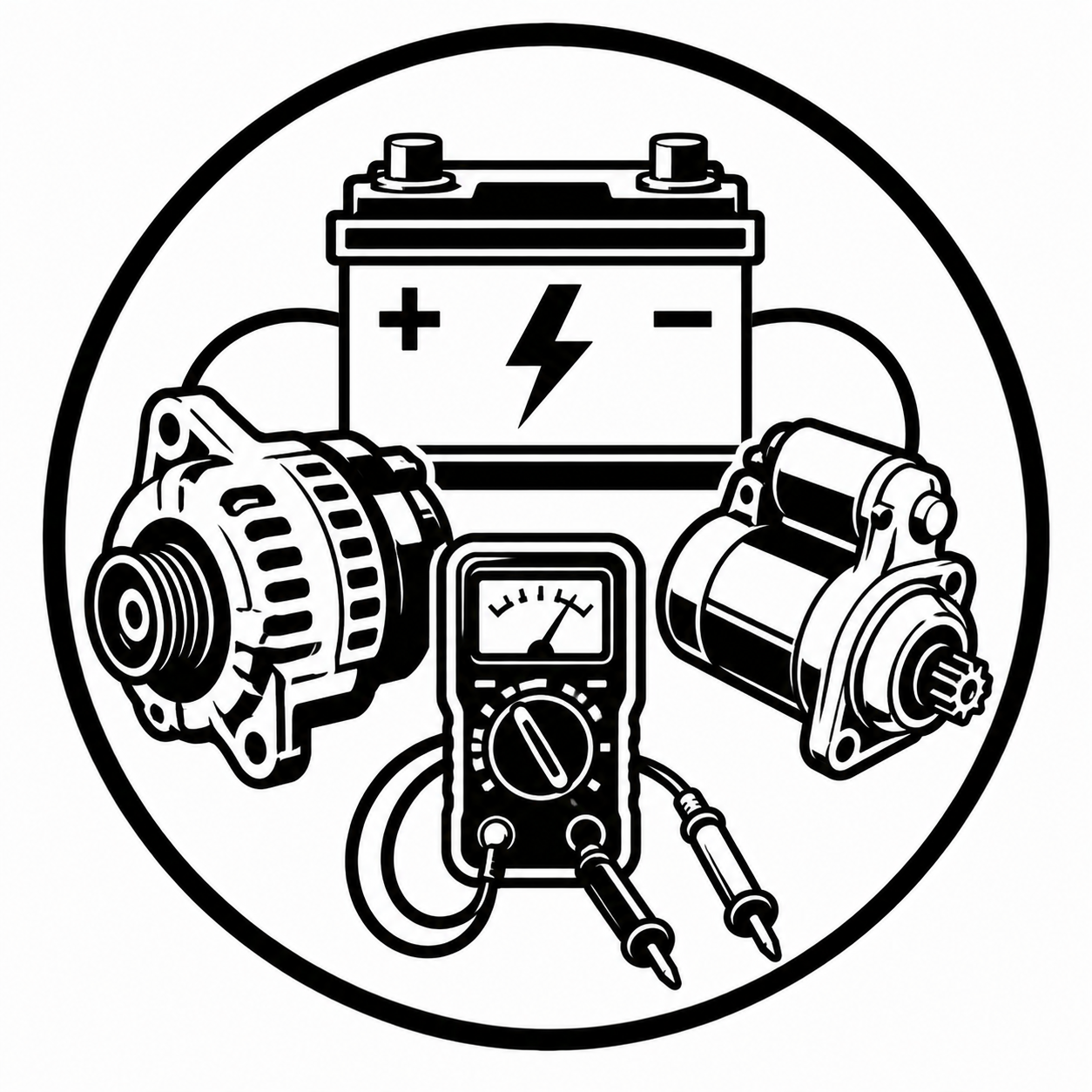 Black and white illustration of a car battery, alternator, starter motor, and a multimeter testing the electrical components.