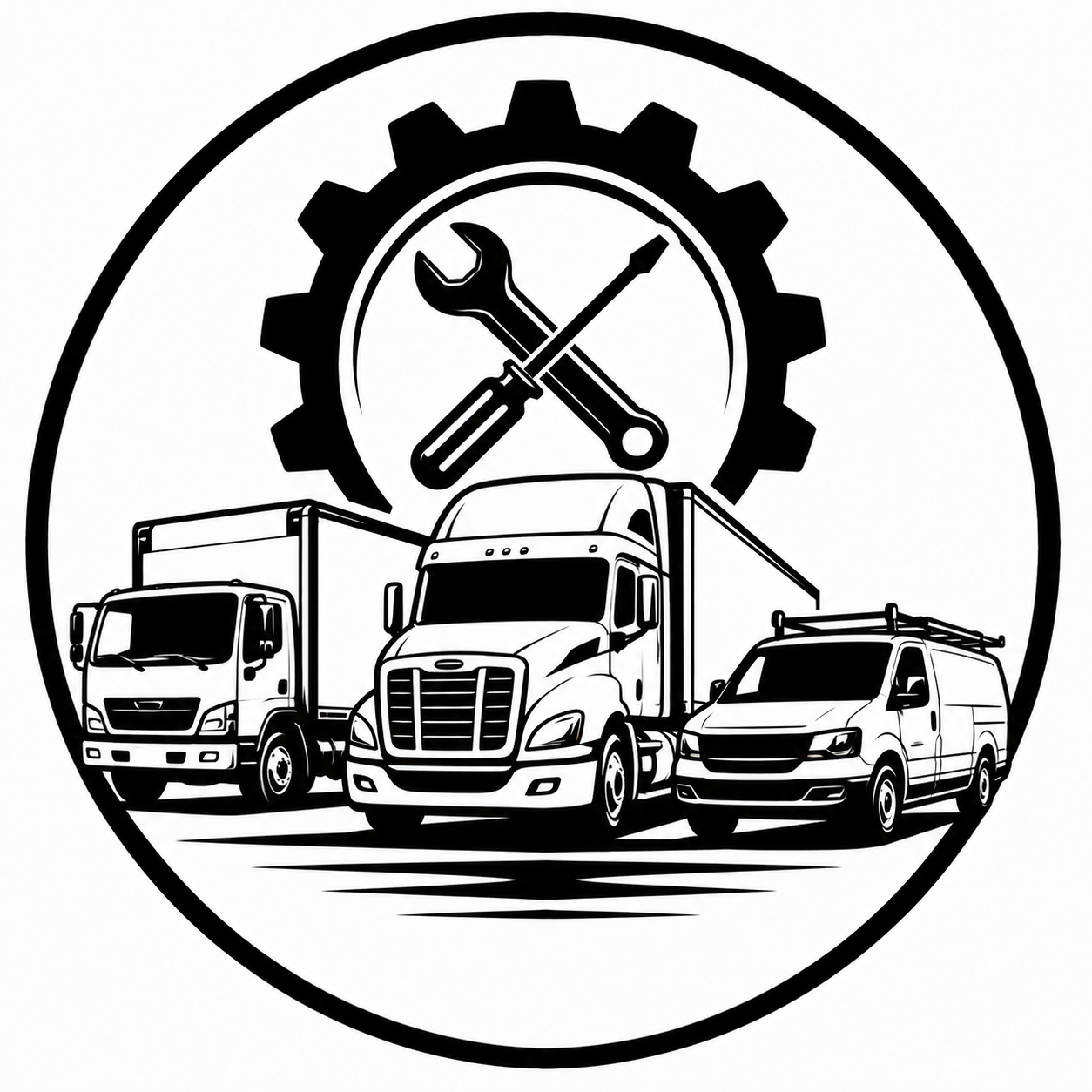 Black and white illustration of three trucks in front of a gear symbol with tools, including a wrench and screwdriver, inside a clock outline.