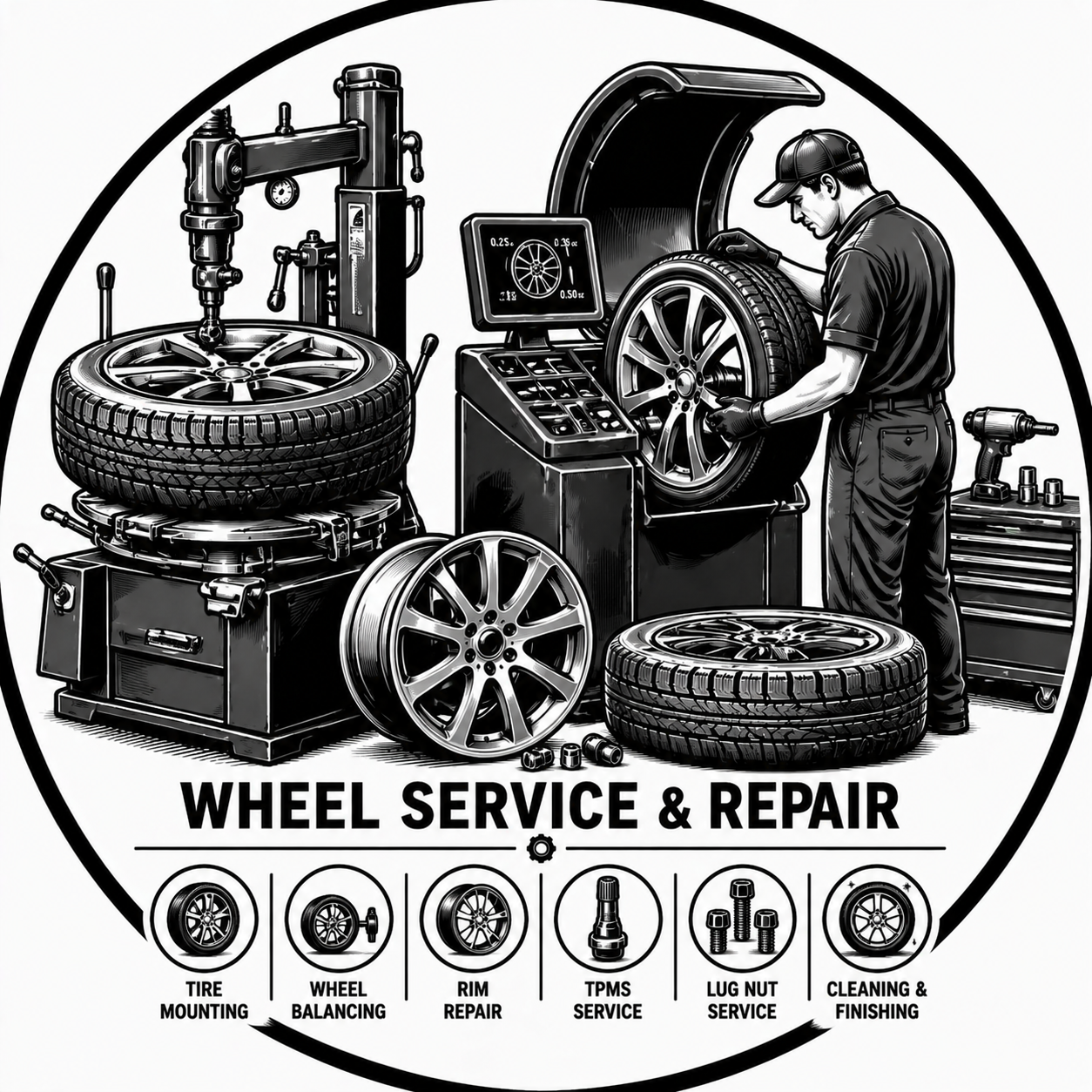 Illustration of a mechanic performing wheel service and repair with various tools and car wheels displayed. Includes text for tire mounting, wheel balancing, rim repair, TPMS service, lug nut service, and cleaning and finishing.