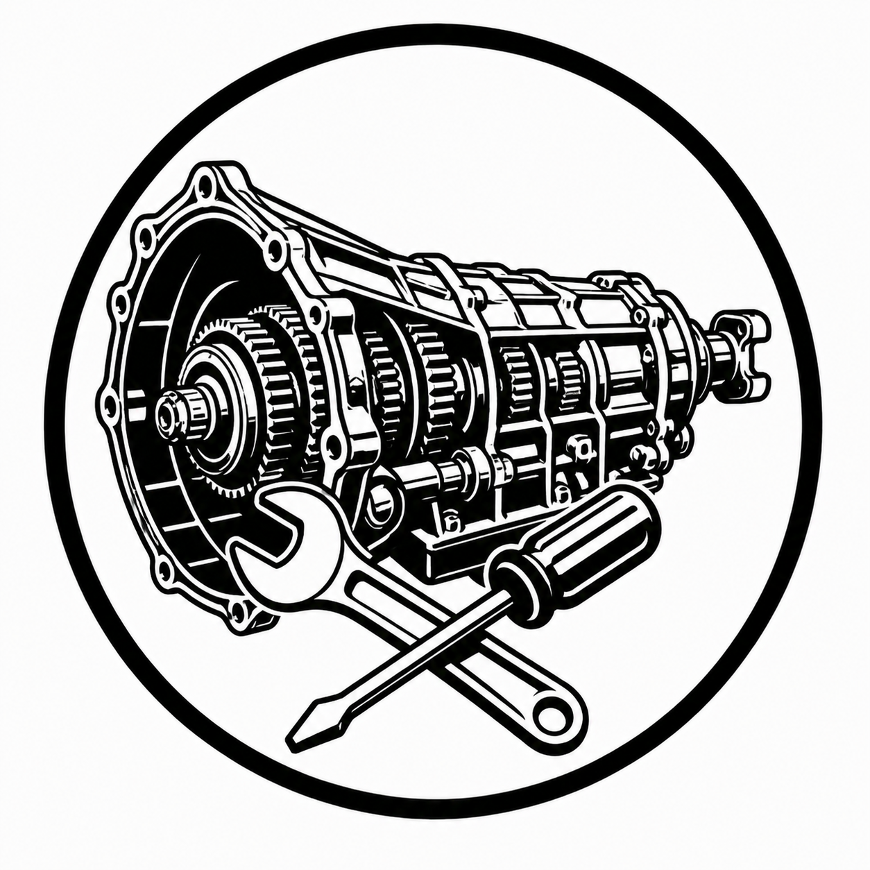 Black and white illustration of a car transmission with a wrench and screwdriver crossed in front of it, inside a circular border.