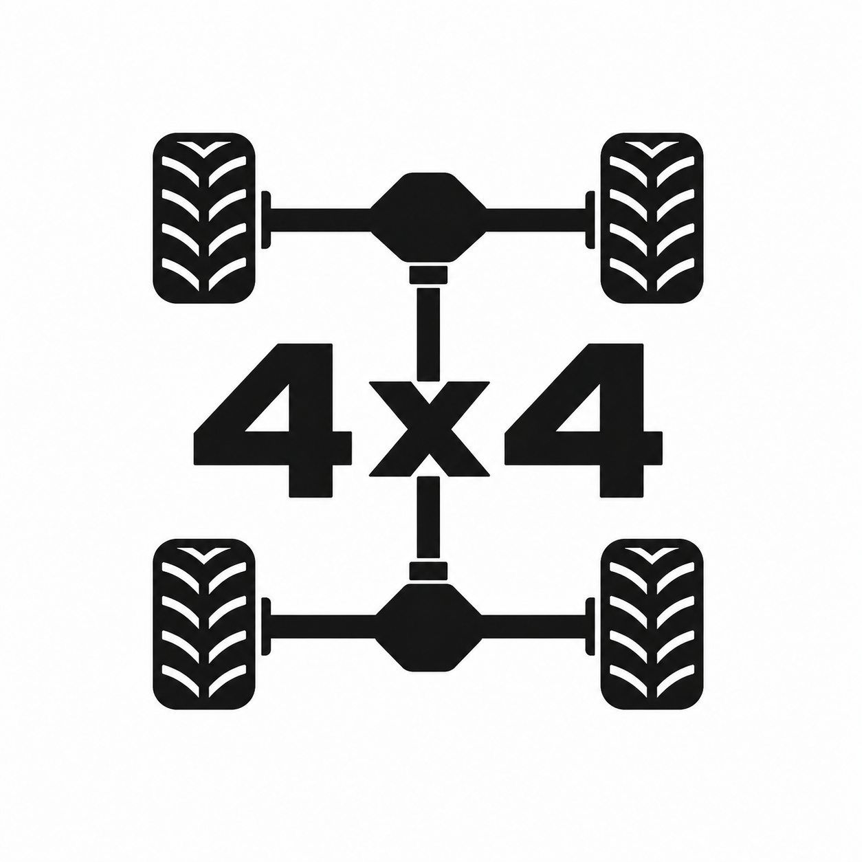 A black and white icon representing a 4x4 vehicle drivetrain, including four wheels connected to a central differential and transfer case.