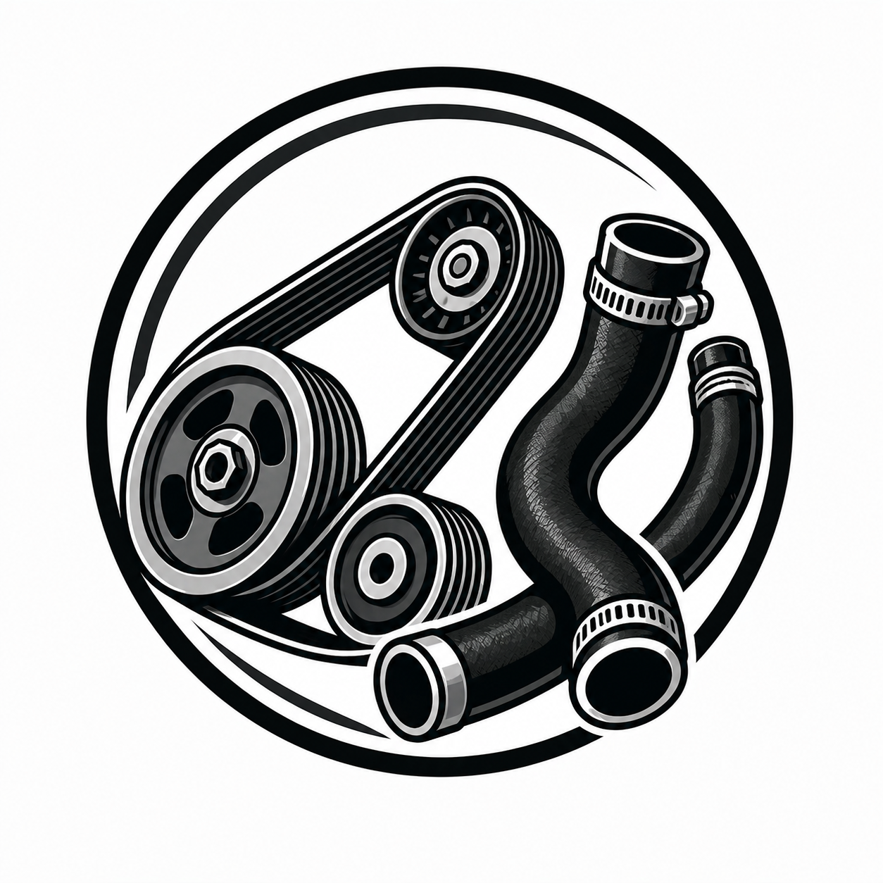 Illustration of a car's serpentine belt and hoses, used in engine cooling system.