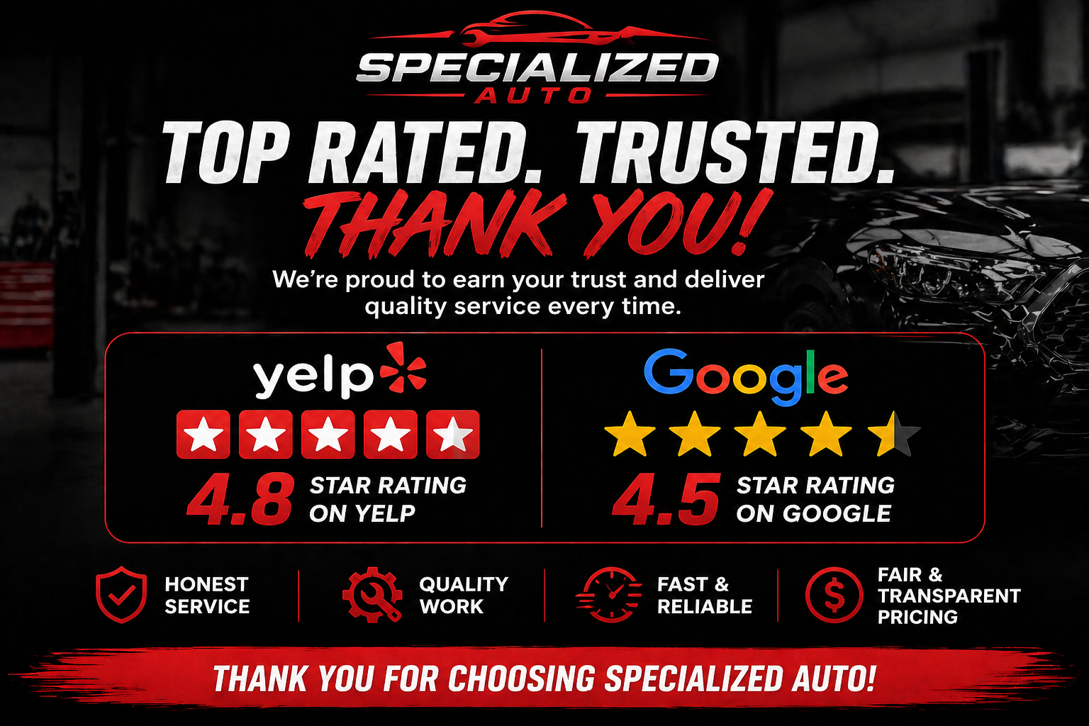 Advertisement for Specialized Auto offering trusted auto repair services with high Yelp and Google ratings, emphasizing honest service, quality work, fast and reliable service, and fair transparent pricing.