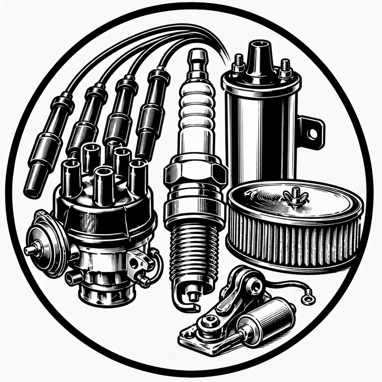 Black and white illustration of various vintage automotive engine parts, including a spark plug, distributor, filter, and other mechanical components, enclosed in a circular border.