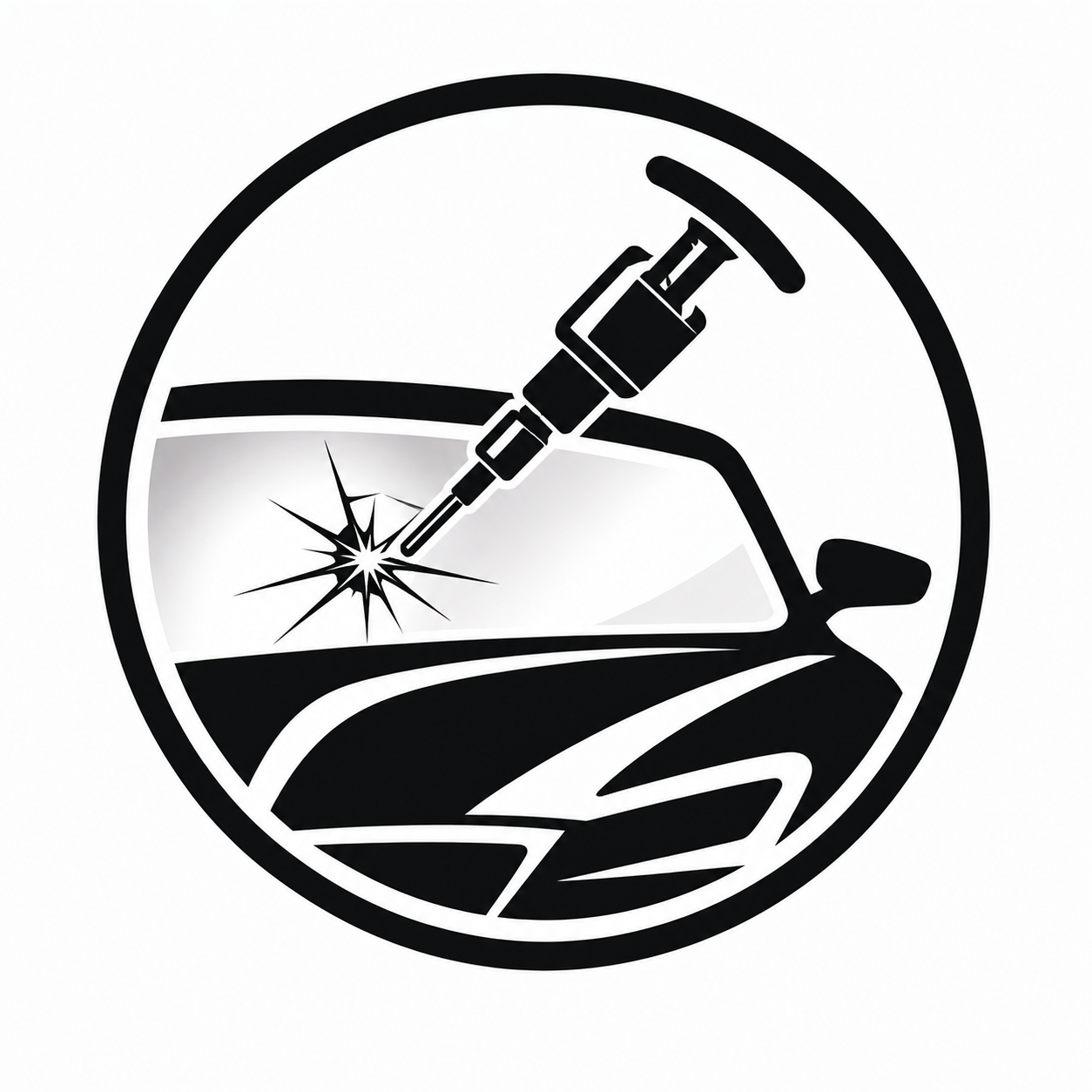 A black and white graphic of a car being repaired with a spray paint gun, with sparks indicating repair work, inside a circular border.