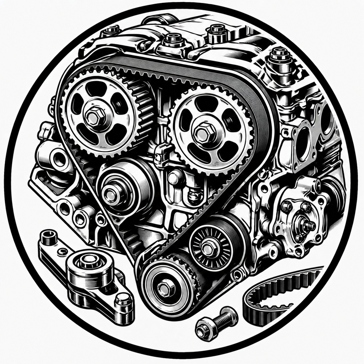 Black and white illustration of an engine timing system with gears, pulleys, and a belt.