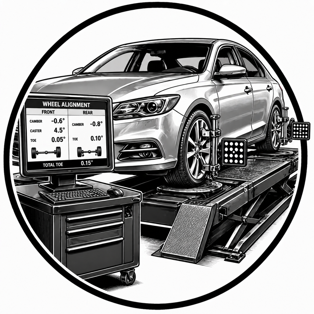 A car undergoing wheel alignment on a mechanized platform with a computer screen displaying alignment measurements.