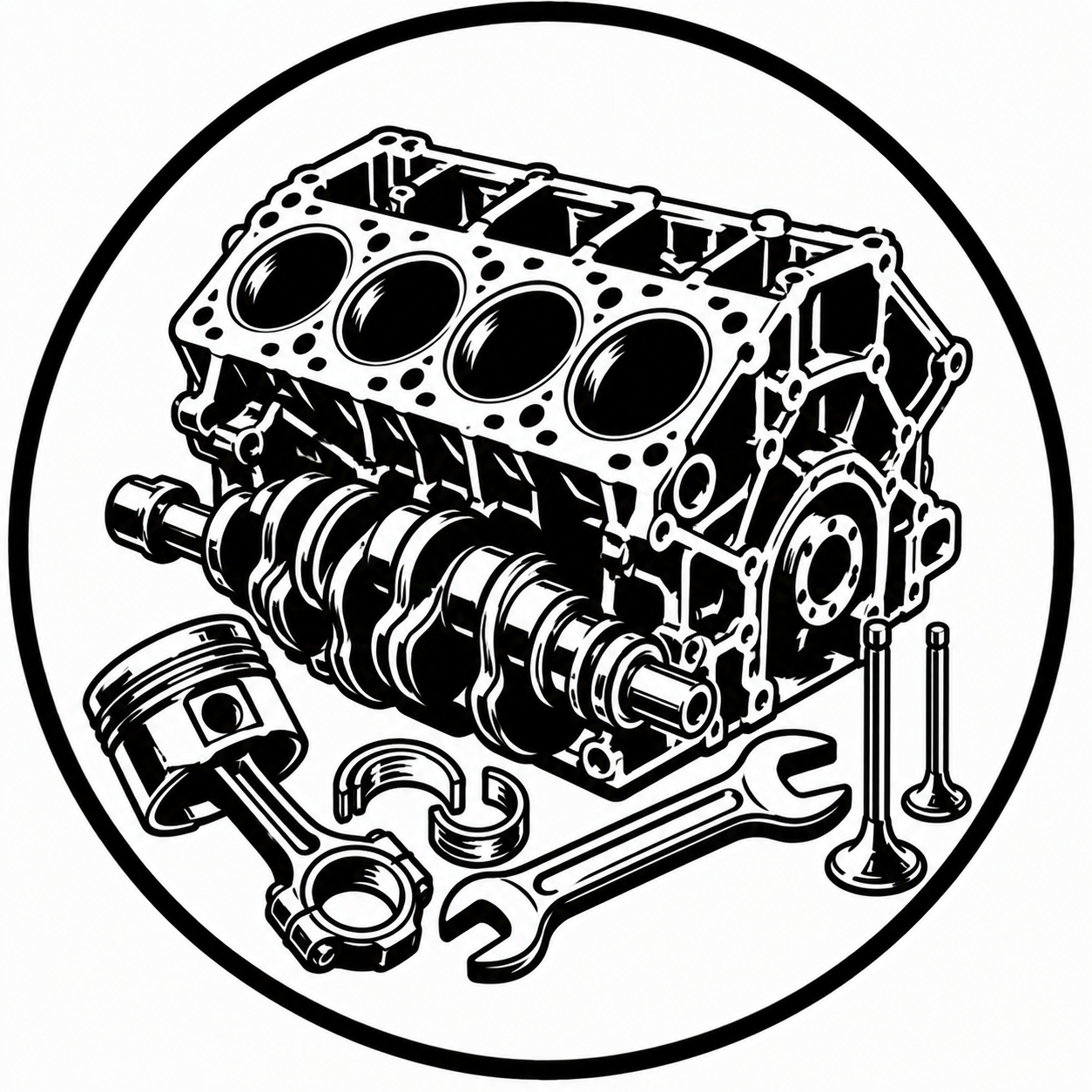 Black and white illustration of an engine block, piston, piston rings, camshaft, wrench, and valves in a circular frame.