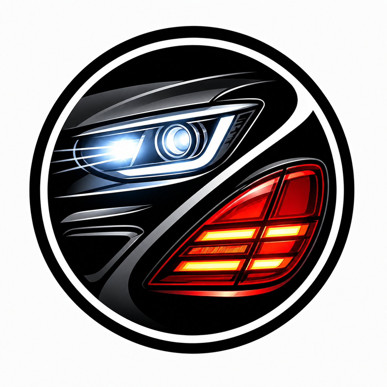 A stylized circular logo featuring a close-up of a car's headlight in blue and a taillight in red, separated by a diagonal line.
