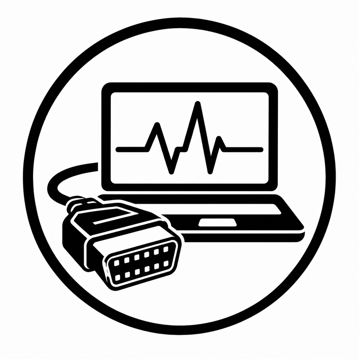 Icon of a medical monitoring system with a laptop displaying a heartbeat line and an attached medical device, encircled.