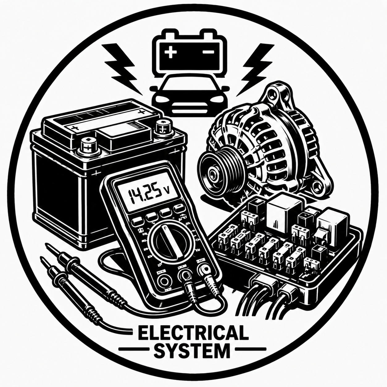 Diagram of a car's electrical system including a car battery, multimeter, alternator, fuse box, and a car icon with battery warning signs.