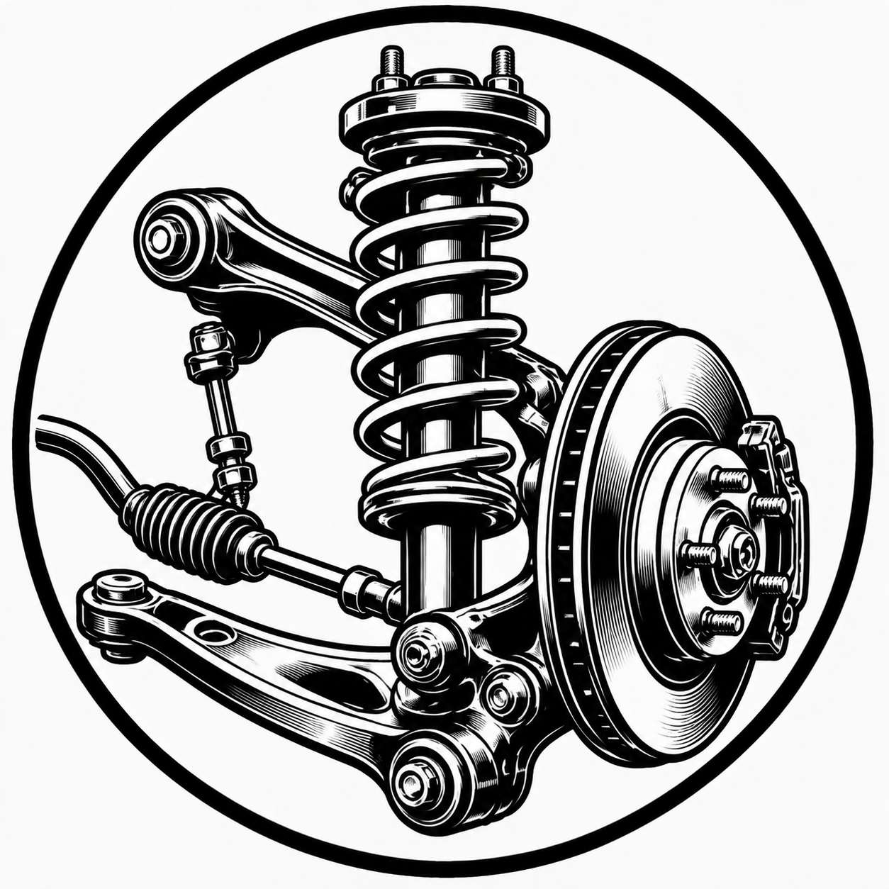 Black and white illustration of a car suspension system with a coil spring, shock absorber, and wheel hub.