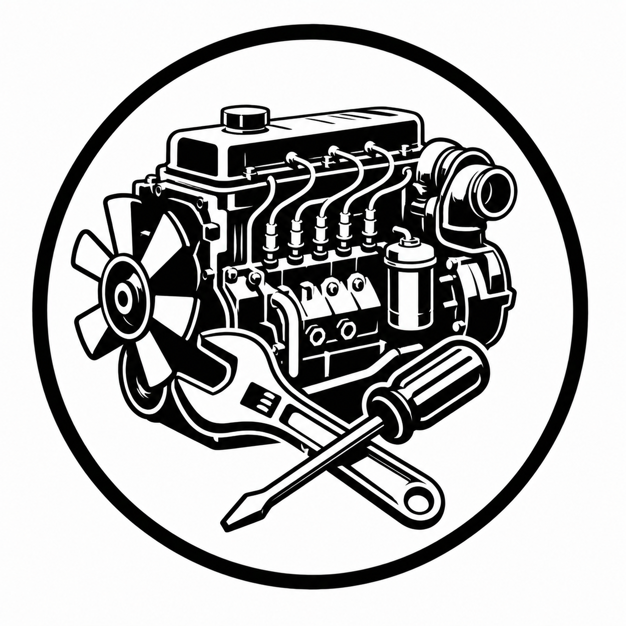 Black and white illustration of an engine with a screwdriver and wrench crossing in front of it, enclosed in a circle.