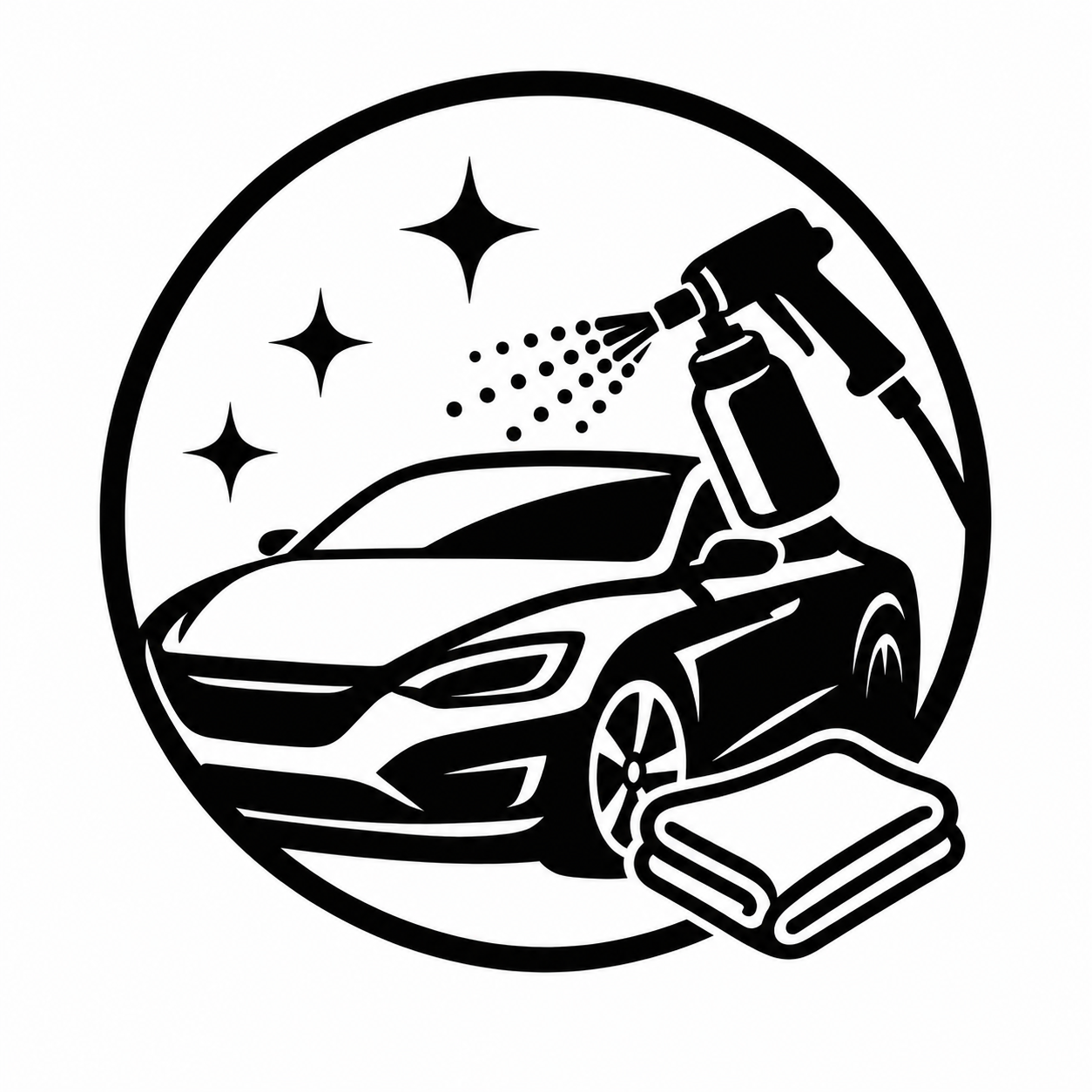 Icon of a car being cleaned with a spray bottle and cloth, emphasizing car cleaning and detailing.