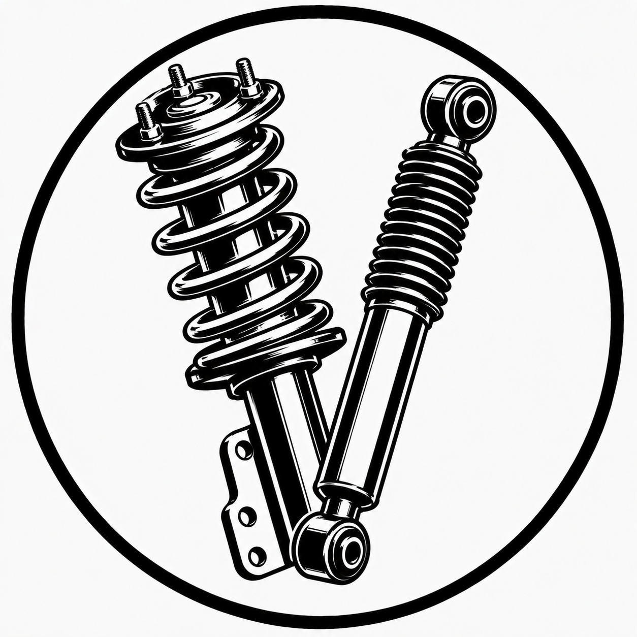 Black and white illustration of two shock absorbers, one with a coil spring and the other with a separate coil spring, inside a circular border.