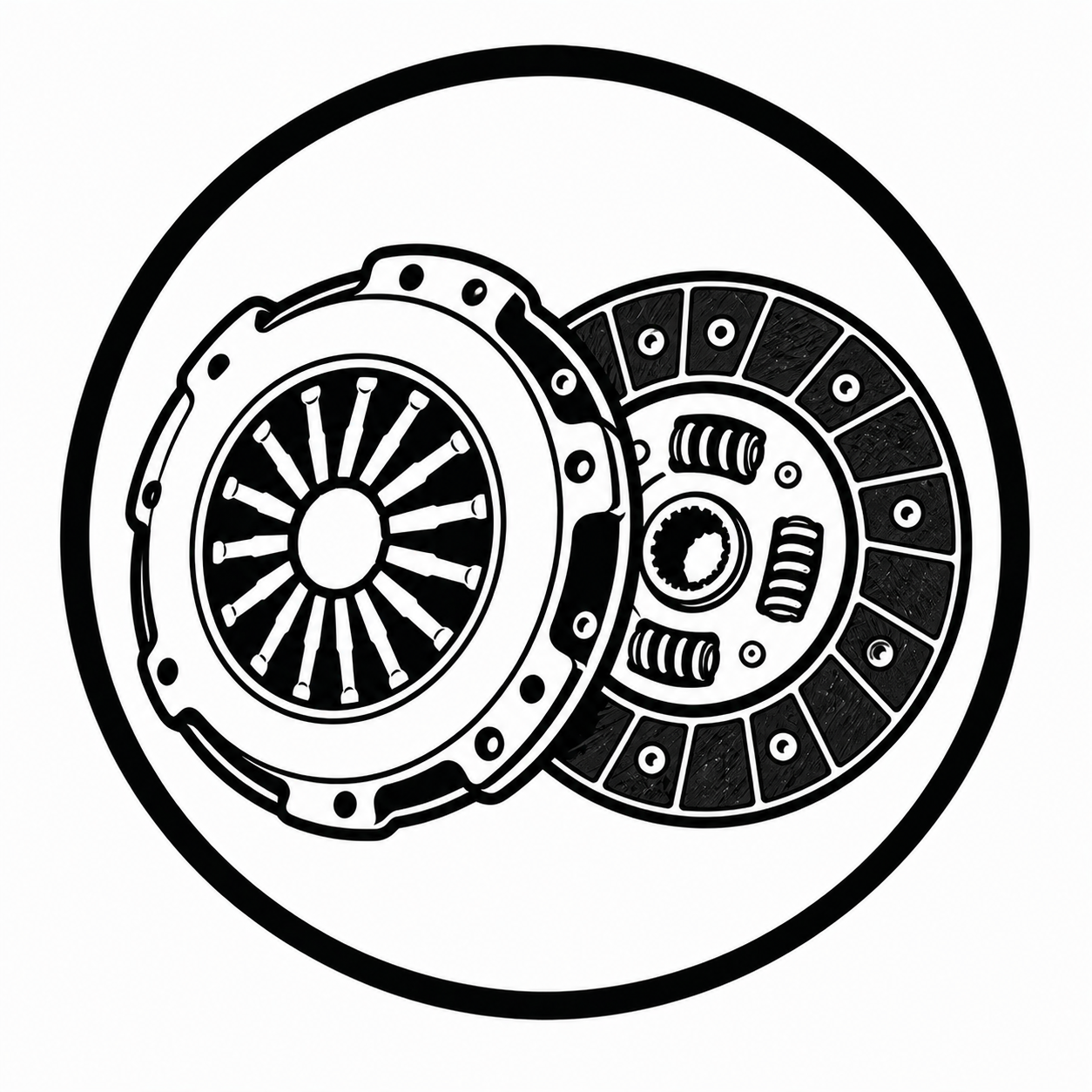 Black and white illustration of a clutch disc and pressure plate, automotive engine parts, inside a circular outline.
