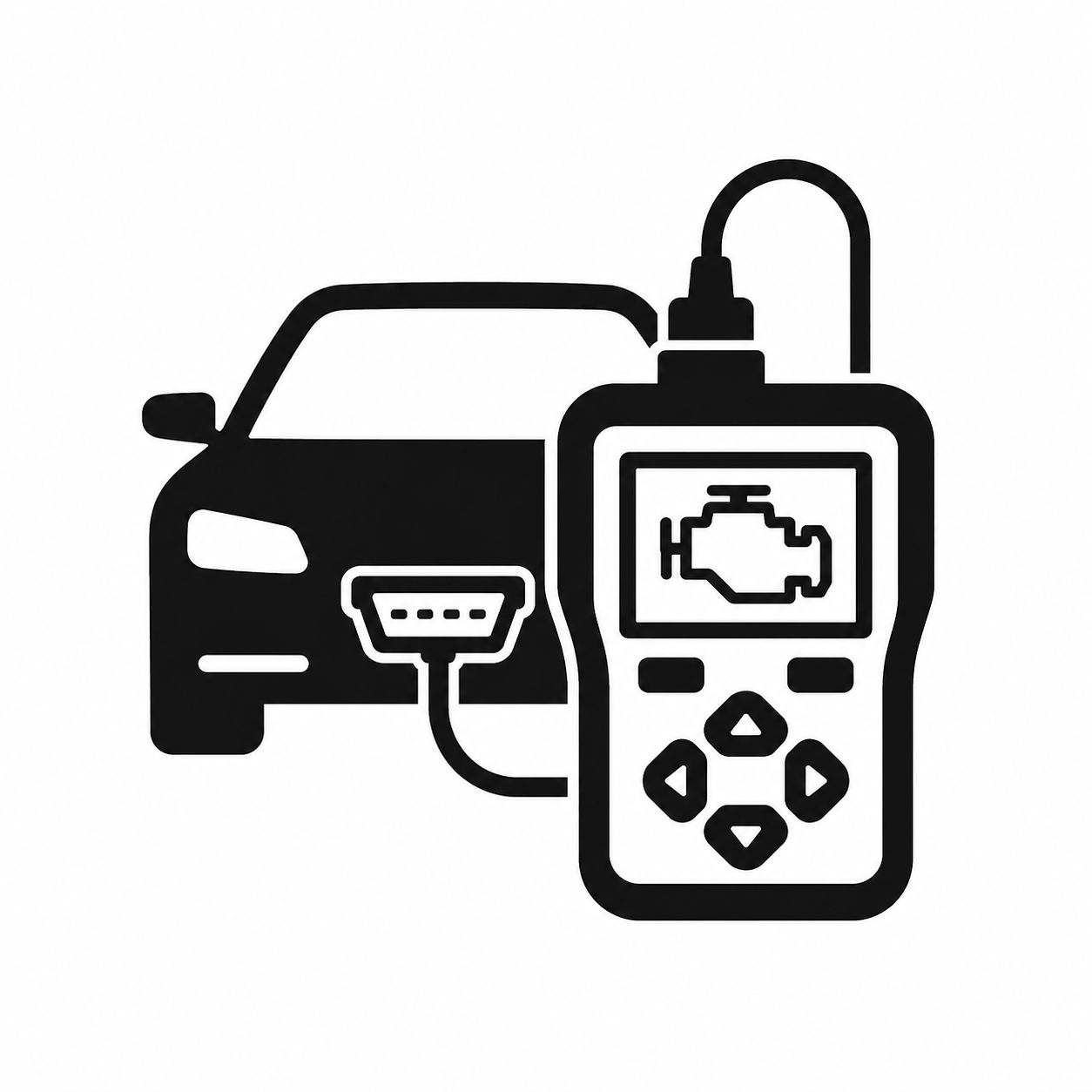 Silhouette of an electric car connected to a diagnostic scanner showing an engine problem.