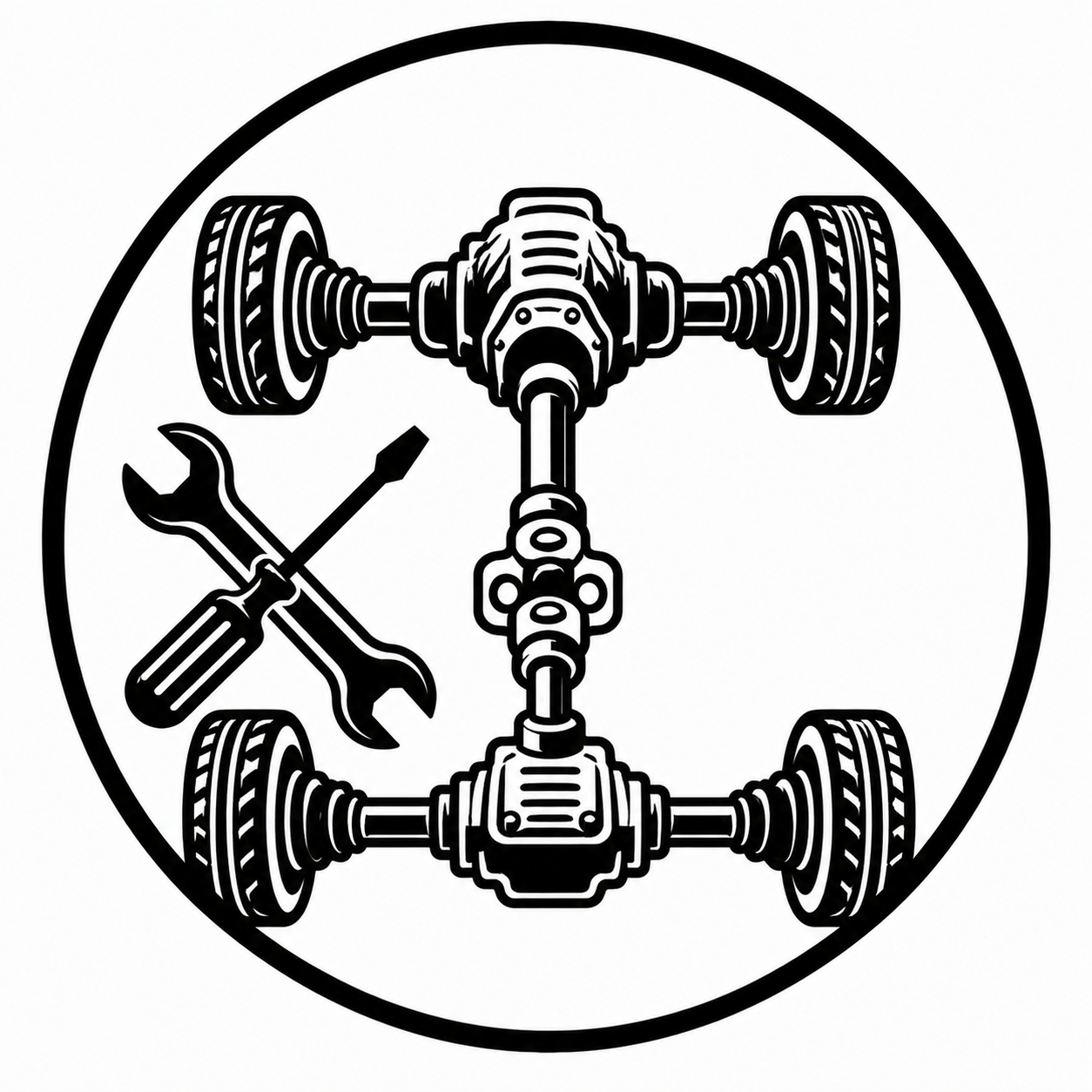 Black and white illustration of a car differential with a screwdriver and wrench crossed beneath it.