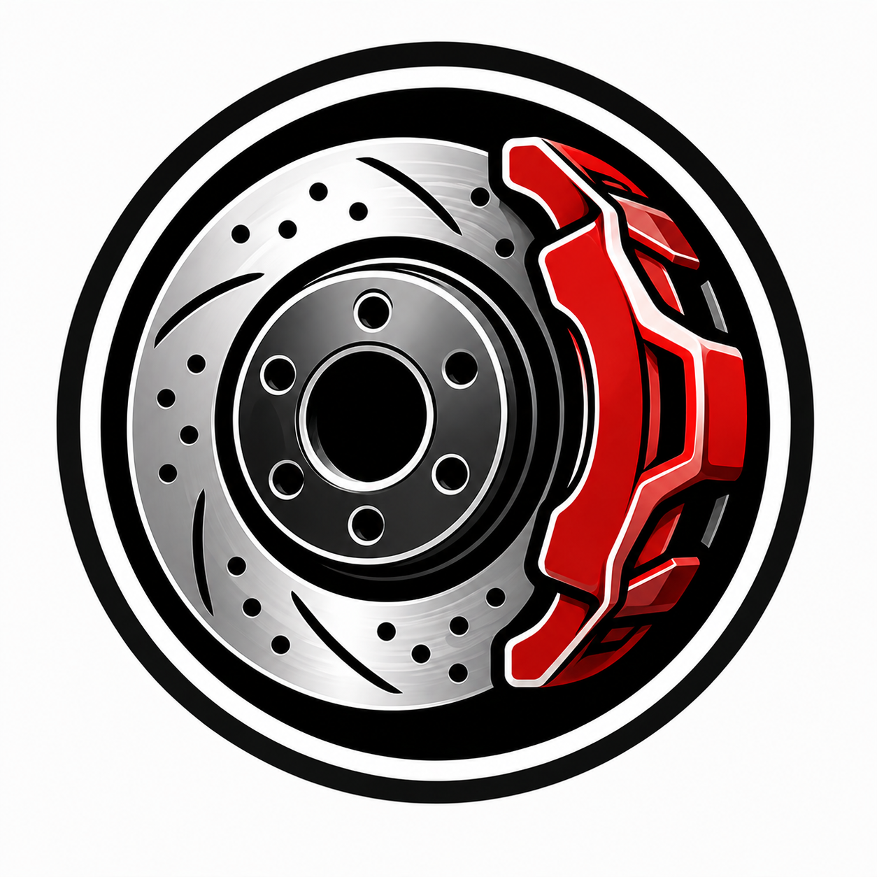 A car brake disc and red brake caliper on a white background.