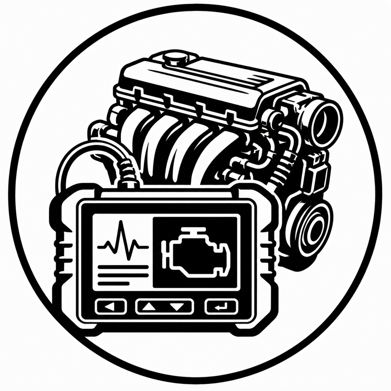 A black and white illustration of a car engine with a diagnostic scanner showing engine diagnostics.