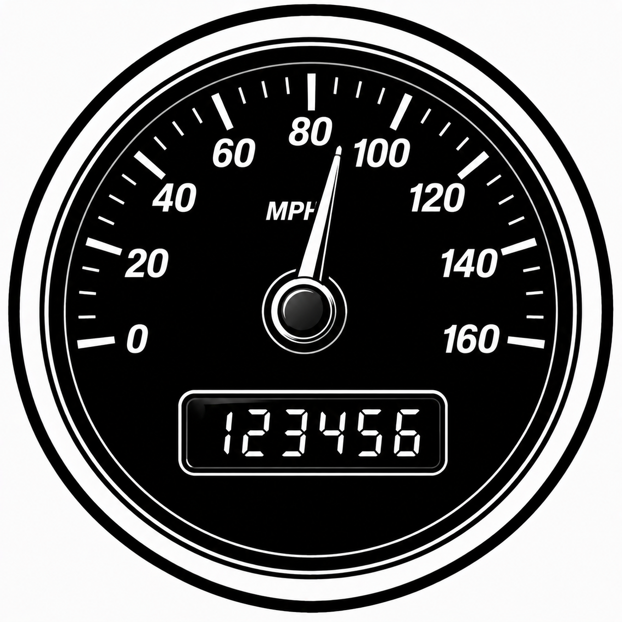 A black and white illustration of a car speedometer showing approximately 80 miles per hour, with an odometer reading 123456 miles.