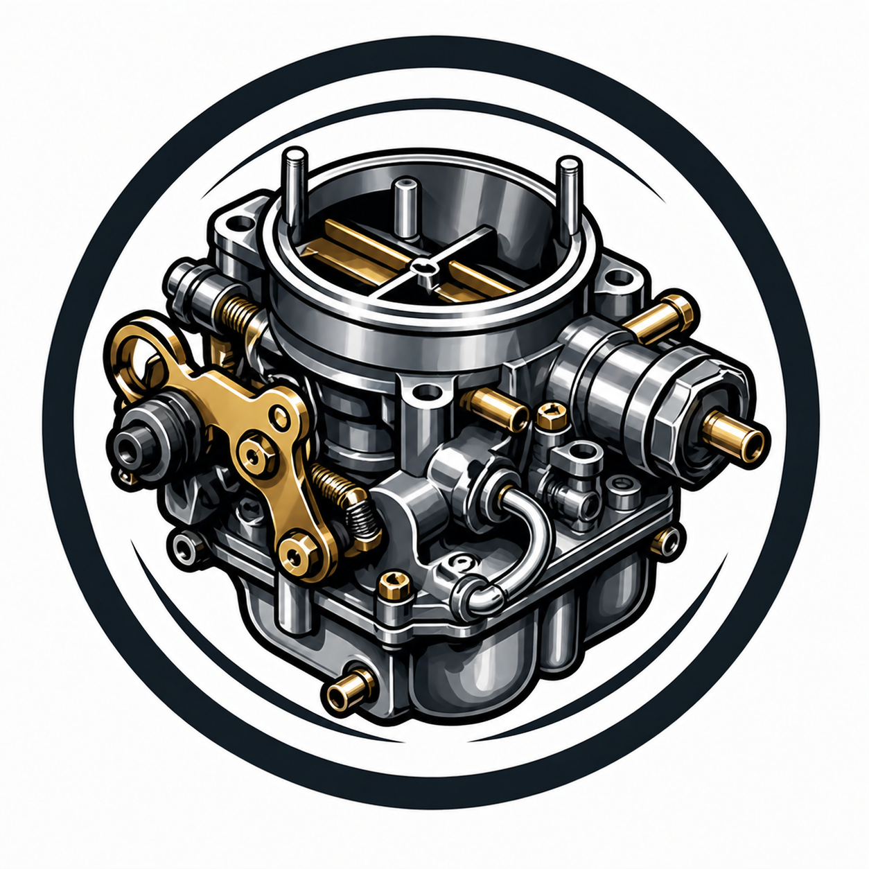 Detailed illustration of a carburetor with metallic silver and gold components.