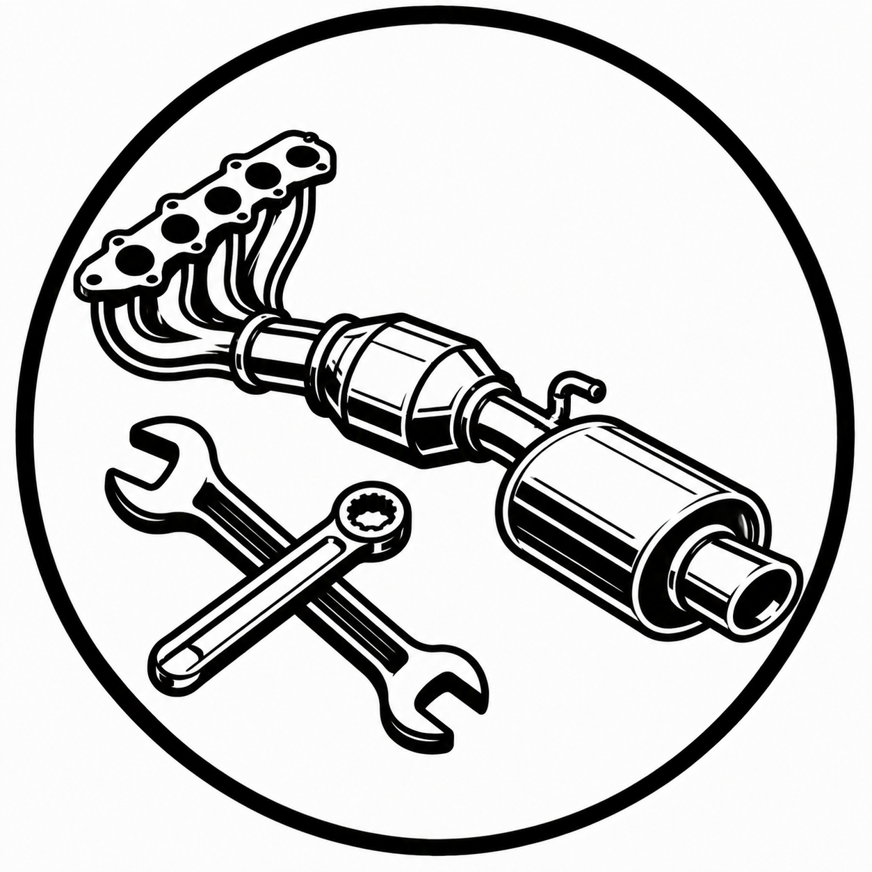 Black and white illustration of an exhaust pipe, wrench, and socket, representing auto repair tools.
