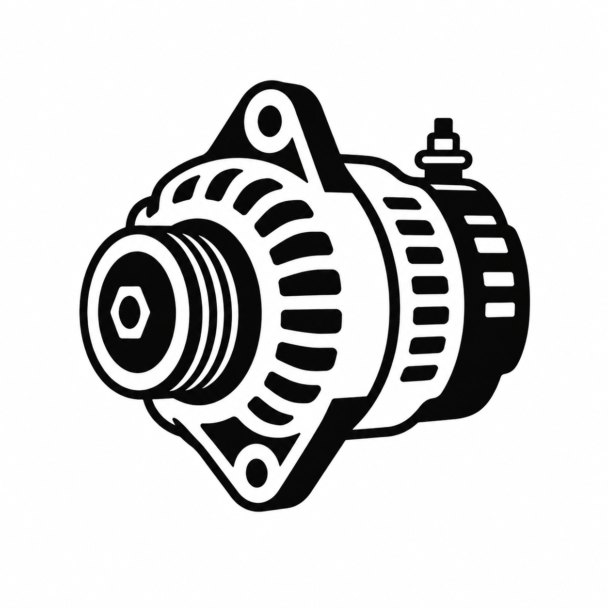 Black and white illustration of a car alternator.
