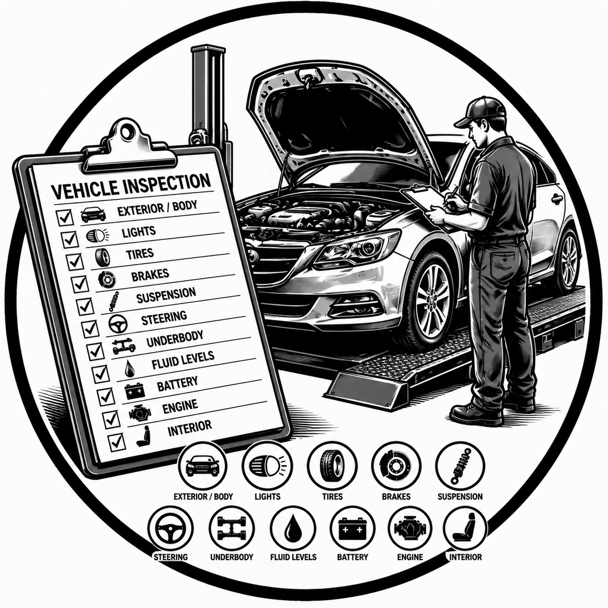 Black and white illustration of a vehicle inspection scene with a mechanic inspecting a car with its hood open, and a checklist for various car components beside it.