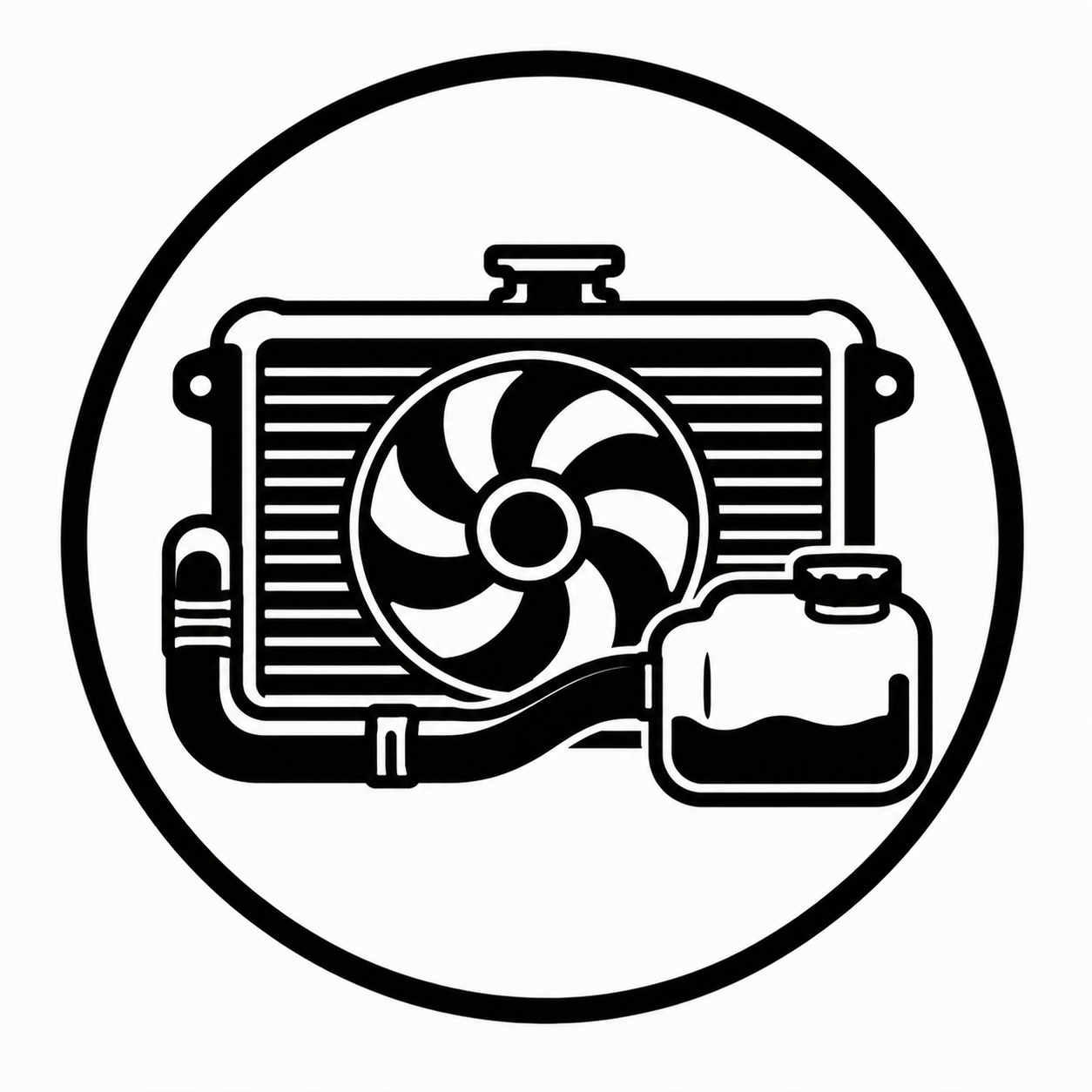 Black and white illustration of a car radiator with a fan and a coolant bottle.