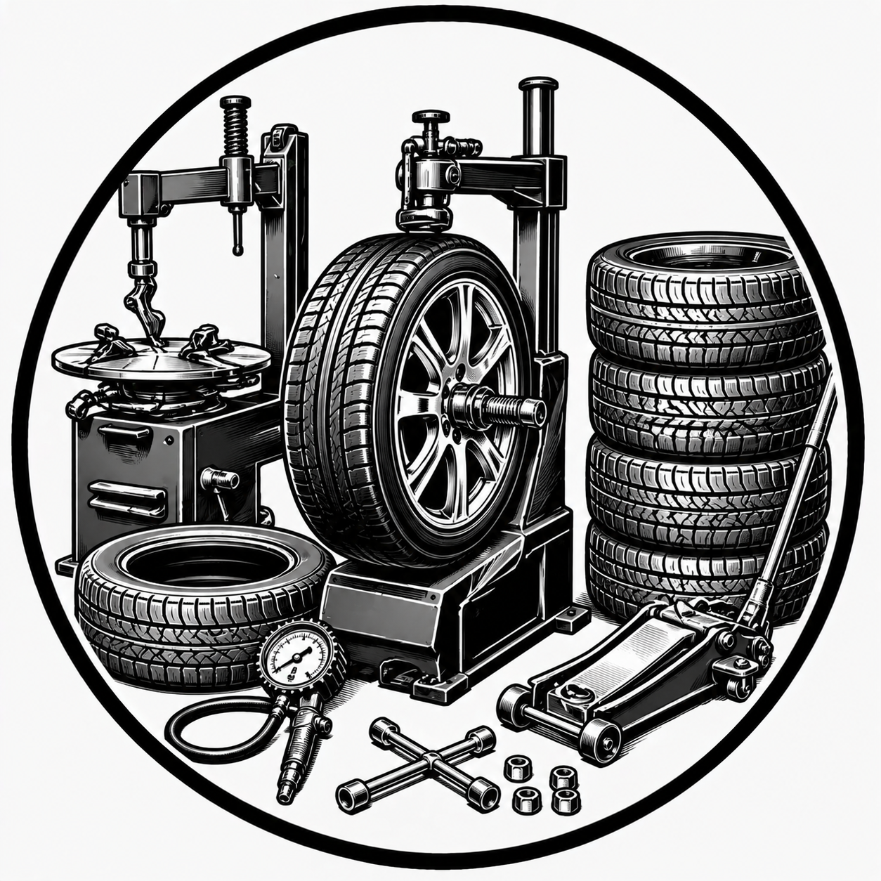 Black and white illustration of a tire-changing workshop with a tire mounting machine, stacks of tires, a tire pressure gauge, a hydraulic jack, and various tools.