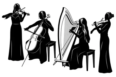 Four women playing musical instruments: one with a violin, one with a cello, one with a harp, and one with a flute.