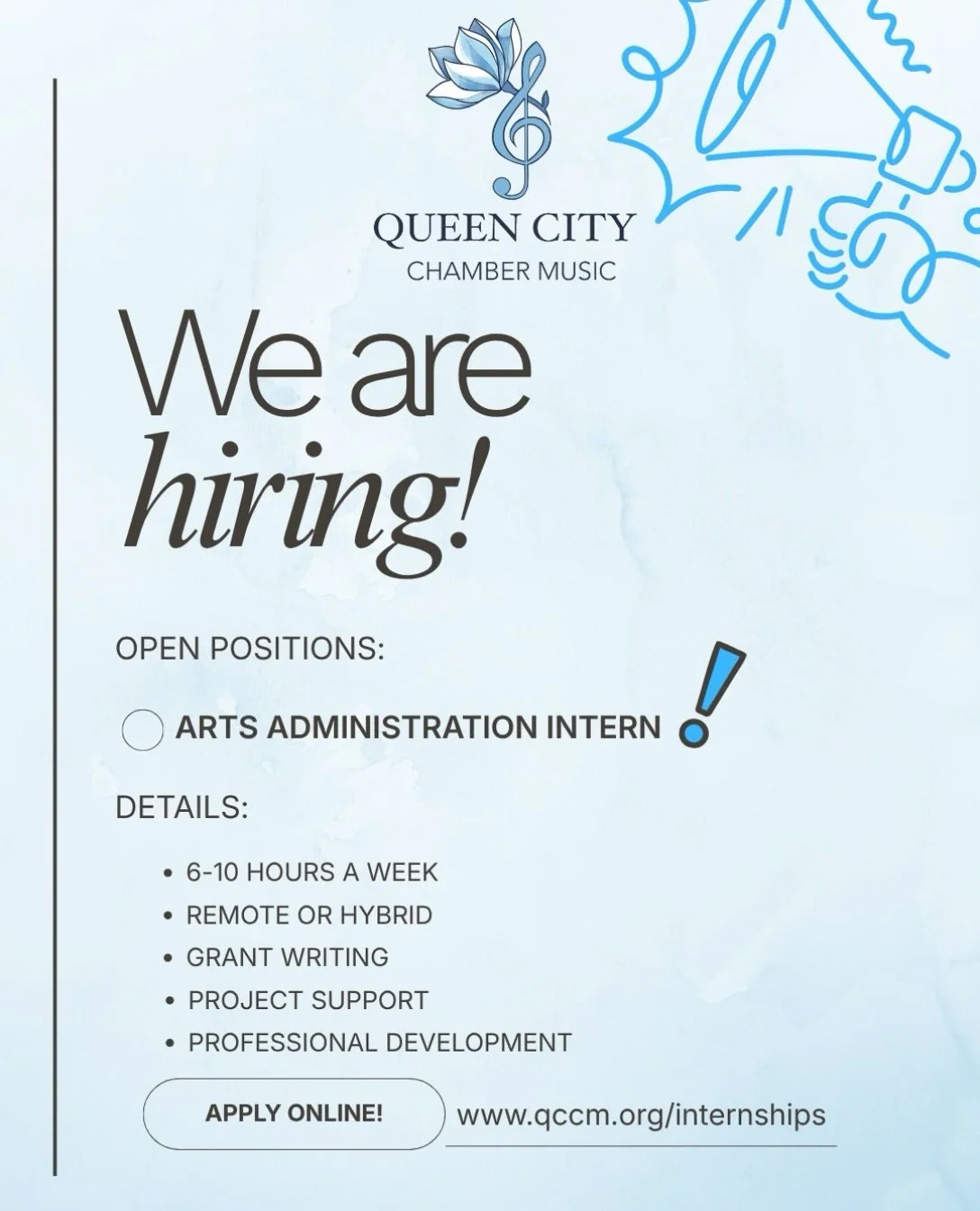 Come be a part of our team! We are looking for candidates who are organized, proactive, team-oriented, and passionate about the arts. Your responsibilities would consist of assisting in grant writing, managing artists schedules, social media content 
