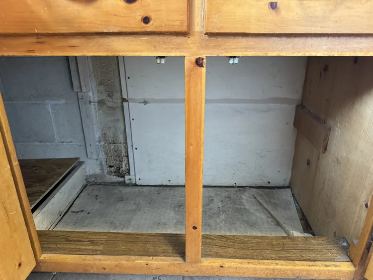 Before: bare cabinet with no shelves