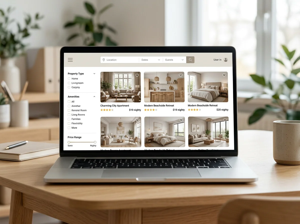 Laptop displaying a vacation rental search website with apartment listings and filters on a wooden desk.